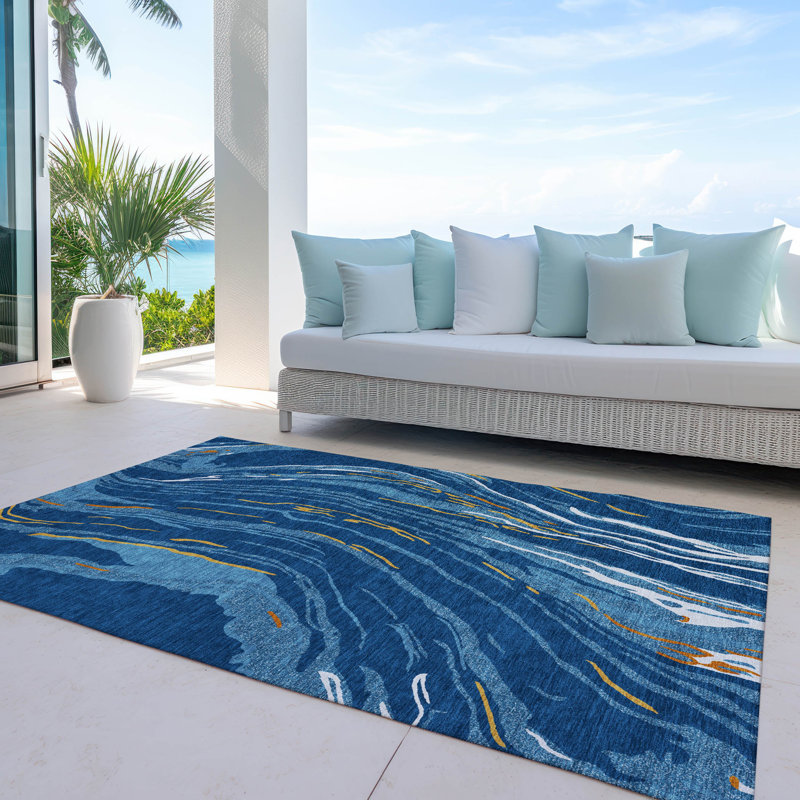 Navy and Orange Flat Woven Synthetic Washable Rug 3' x 5'