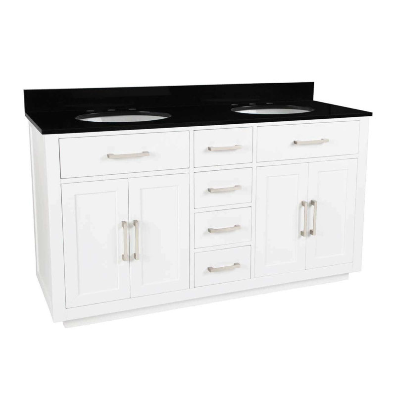 Ensemble de meuble-lavabo double l 60 po x P 22 po x H 34 po, Marbre noir, Blanc