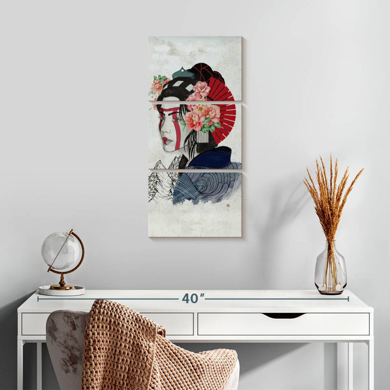 Portrait de femme Geisha, H 27 po x l 12 po