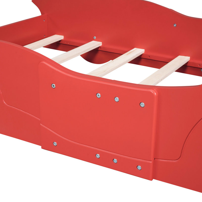 Lit de voiture de course rouge simple avec construction et roues, décorant votre chambre à coucher avec élégance, support de lattes, améliorant la fonctionnalité