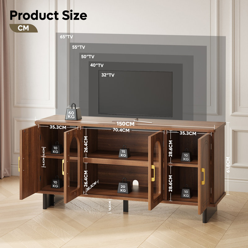 59'' Mid-Century Modern TV Stand with Arched Glass Doors, Media Console Table for TVs up to 65'', Sideboard Storage Cabinet for Living Room & Entryway