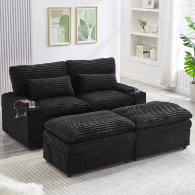 Loveseat Sofa With Four USB Ports And Two Cup Holders, Sectional Convertible Sofa With Storage Space And Two Movable Ottomans