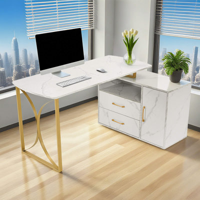Bureau d'écriture en L, bureau d'ordinateur avec tiroir et armoire en L
