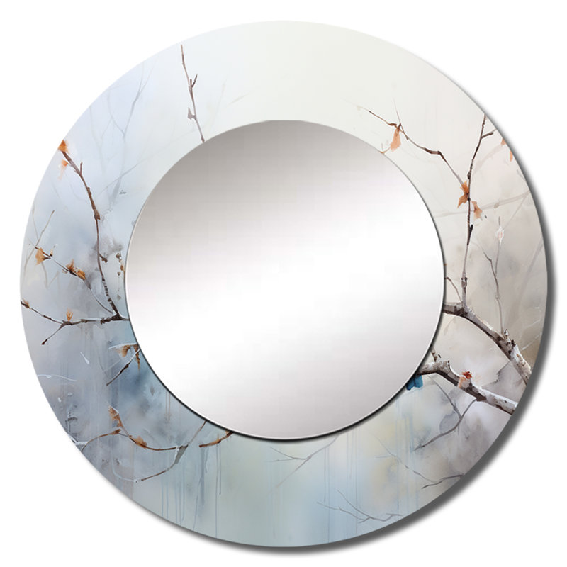 Birds On The Brink II - oiseau, miroir mural unique, miroir rond bleu, 23 po x 23 po