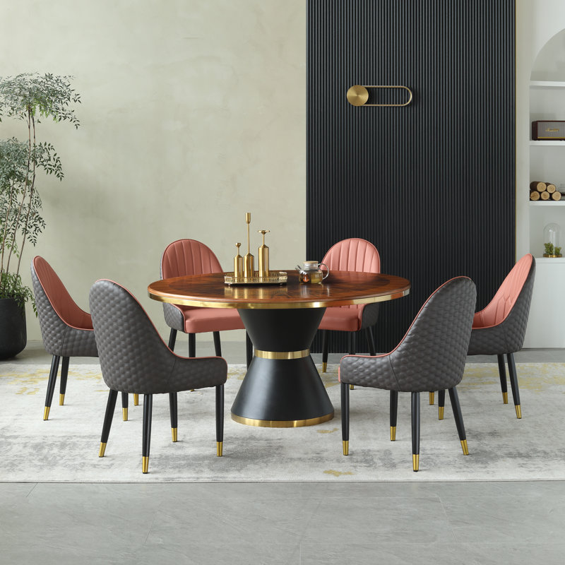 Vogue 5 - Piece Round 51" Dining Set with Beige Chairs, Brown