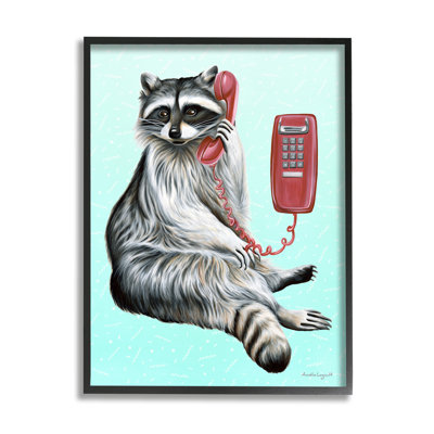 «Raccoon Lounging Cord», téléphone vif sur fond turquoise, estampe numérique texturée par Amelie Legault
