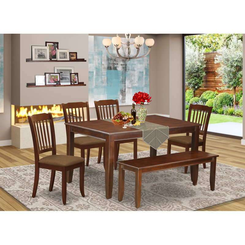 6 Piece Dining Room Furniture Set Contains a Rectangle Kitchen Table and 4 Linen Fabric Dining Chairs with a Bench, Mahogany