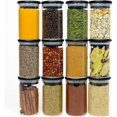 12 Black Bamboo Spice Jars - 8.5oz Large Glass Jars with Black Bamboo Lids - Seasoning Jars