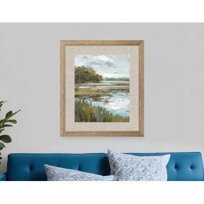 «Riverside View Watercolor Waterscape», art mural encadré