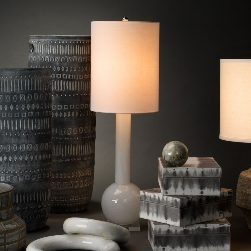 Tall White Linen Drum Shade Glass Table Lamp