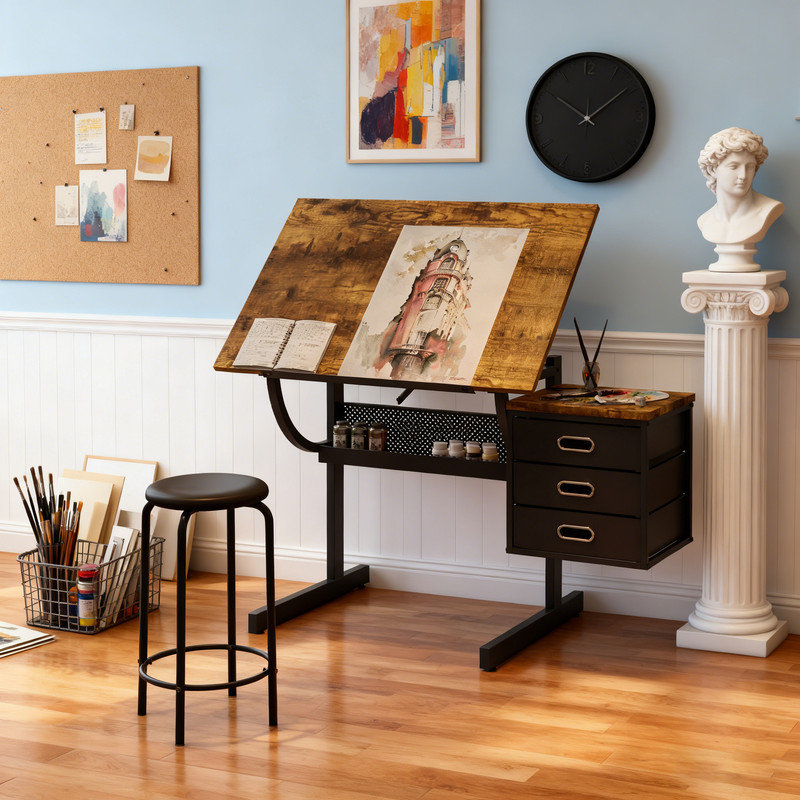 Adjustable Drawing Table With Stool & 3 Storage Drawers, Tilting Craft Desk For Art, Writing And Reading, 35.43" X 23.62" Workstation