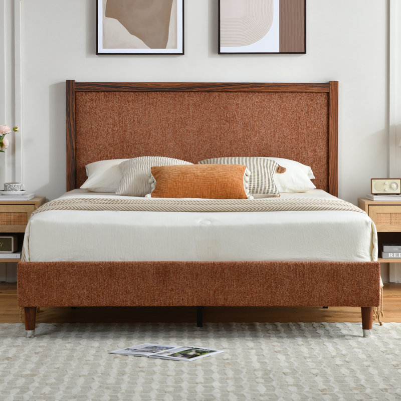 Wooden platform bed with upholstered base, Ocher, Queen
