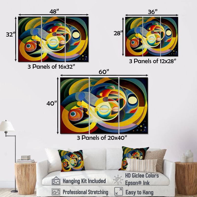 Origine du monde, couleurs rétro - ensemble d'art mural géométrique, H 28 po x l 36 po x P 1 po, Toile tendue