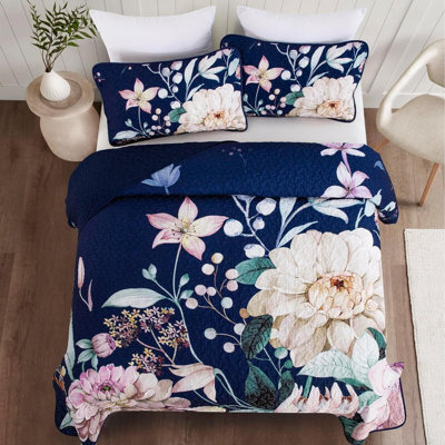 Floral Quilt Queen Size - 3 Pieces Quilt Botanical Bedspread Soft Lightweight Flower Bedding Set For All Season