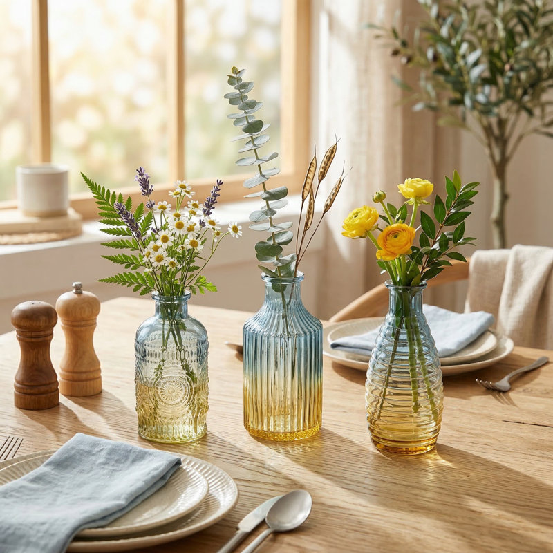 Ensemble de 3 vases décoratifs en verre dégradé bleu jaune