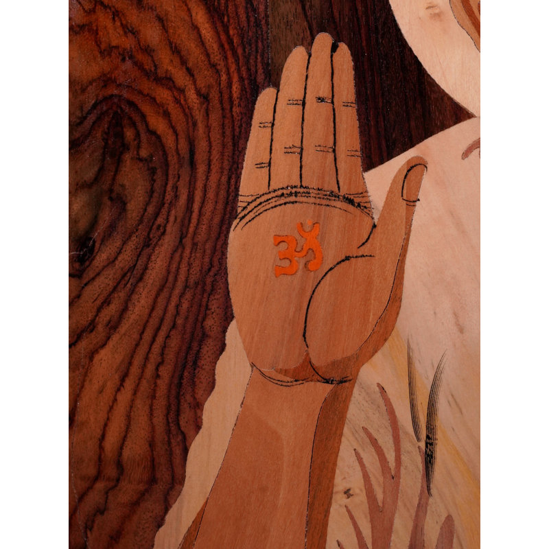 19" Blessing Sai Baba Wall Panel – Handcrafted Mysore Rosewood Inlay Art, Spiritual Indian Décor, Natural Finish