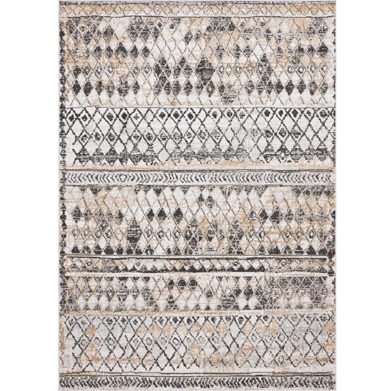 Tapis géométrique beige / bleu, Rectangle 7 pi 1 po x 10 pi