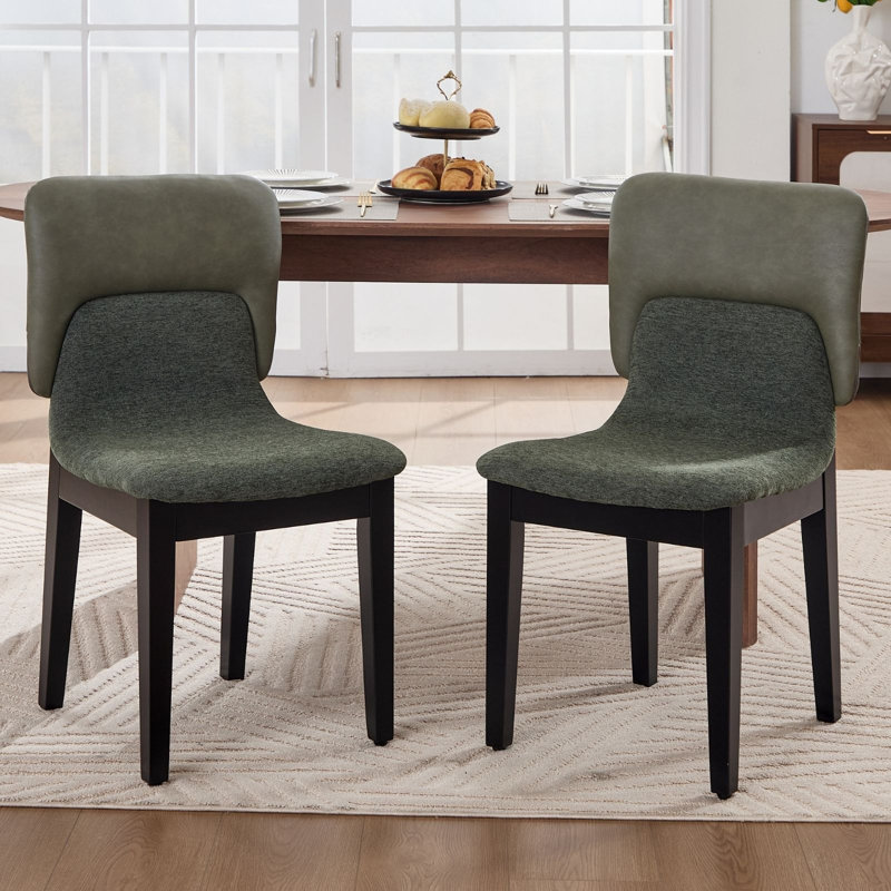 Modern Patchwork Upholstered Armless Dining Side Chairs, Contemporary PU Leather & Chenille Accent Chairs with Solid Wood Legs, Ergonomic Dining Chair for Kitchen Living Room
