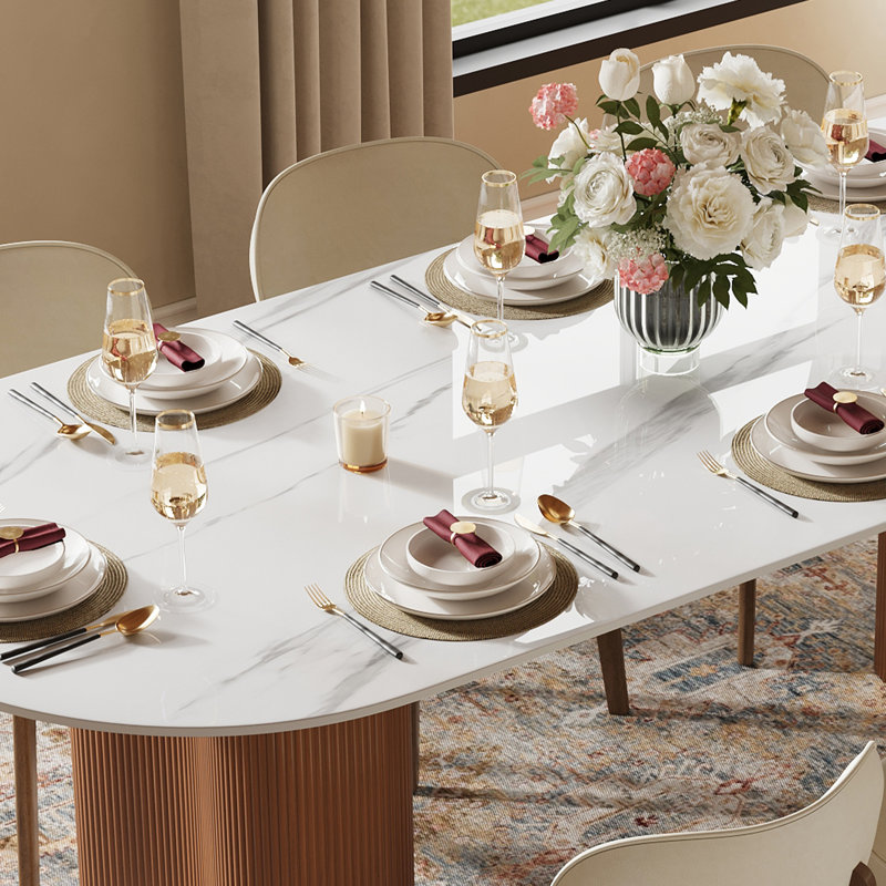 Table de salle à manger moderne en pierre frittée ovale brillante pour 6-8, piédestal à double colonne cannelée pour la cuisine et la salle à manger