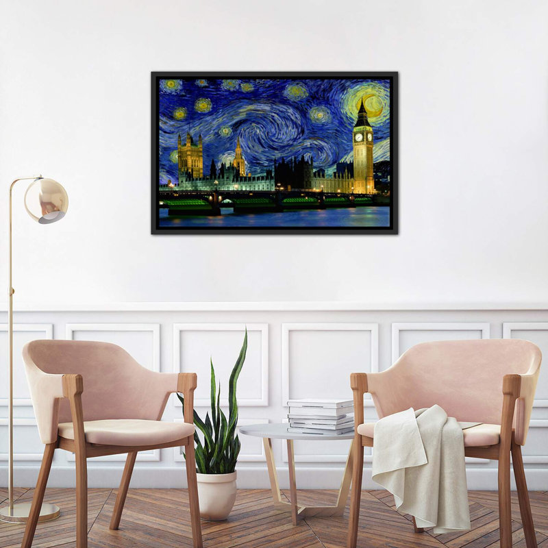 London, England Starry Night Skyline - impression d'art graphique, H 26 po x l 40 po x 1,5 po, Toile encadrée noir délavé
