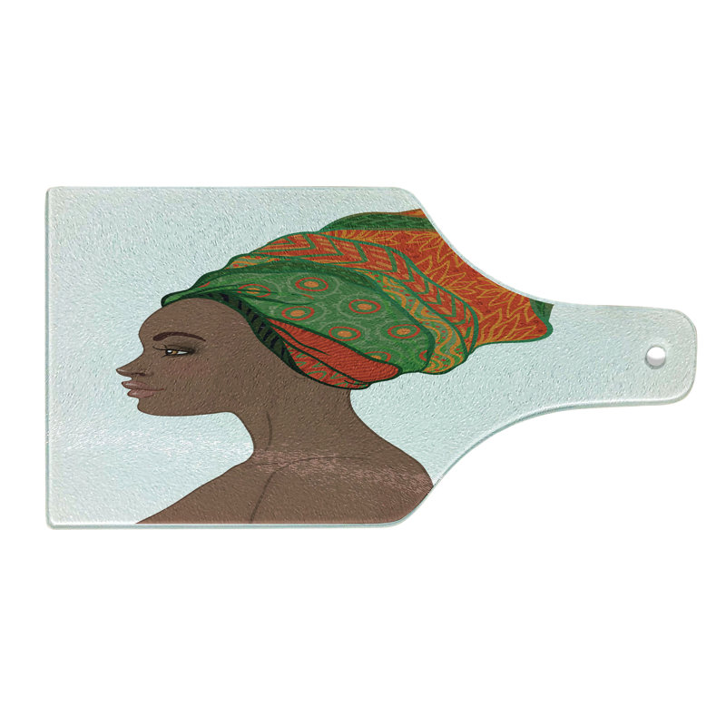 Ambesonne African Tempered Glass Cutting Board Young Afro Beauty Scarlet Green Chocolate