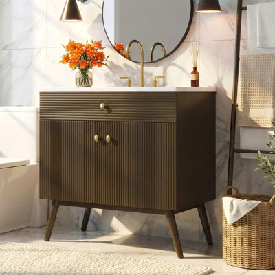 Meuble-lavabo rayé de luxe 36 po, double rangement à fermeture en douceur et lavabo en céramique de qualité supérieure, brun foncé