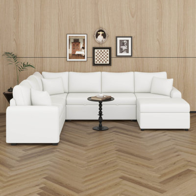 112.2" Modular Chenille Sectional Sofa Couch, Pull-Out Sleeper Sofa With Storage Ottoman, Storage Seats & USB Charging Port, Three Pillows