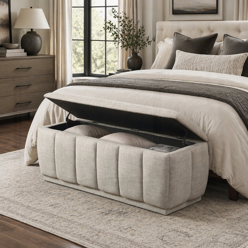 Banc de rangement moderne taupe avec coussin confortable et intérieur spacieux pour l'organisation de la maison et des sièges