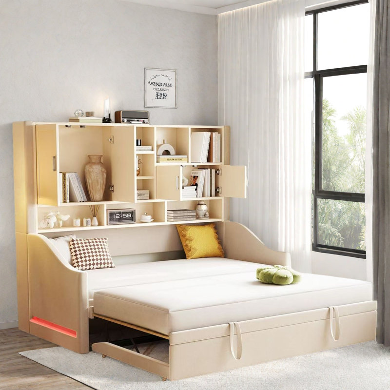 Upholstered Daybed With Led Armrest Lights, Storage Shelves And Cabinets, Beige