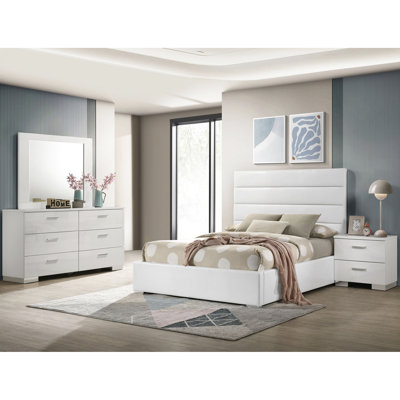 4 Modern White Bedroom Featuring A Faux Leather Bed With Channel- Headboard, Spacious Drawers And Handles Full Platform Bed, Horizontal Clean Lines
