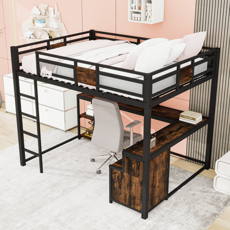 Queen Two Drawers Metal Loft Bed With Desk And Ladder