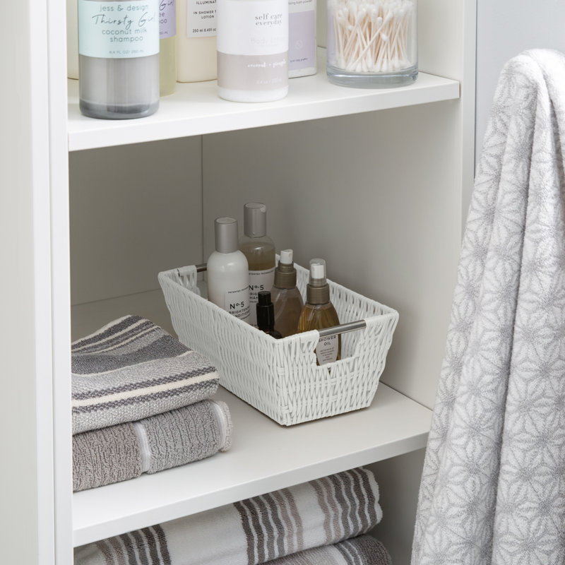 White Rectangular Rattan Storage Basket with Stainless Steel Handles