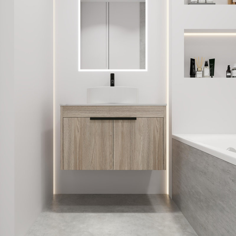 Meuble-lavabo mural de conception moderne avec lavabo en céramique et porte à fermeture en douceur, 29"