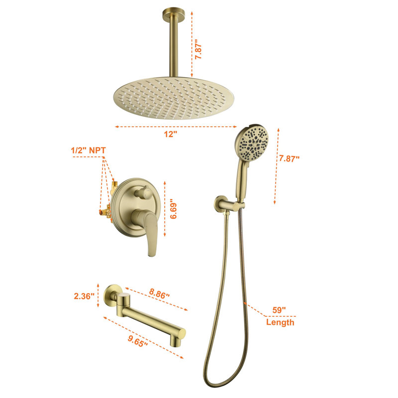 Système de douche de baignoire de plafond de 12 pouces avec douche à main à poignée simple Ensemble de garniture de douche multifonctionnelle en laiton avec valve brute