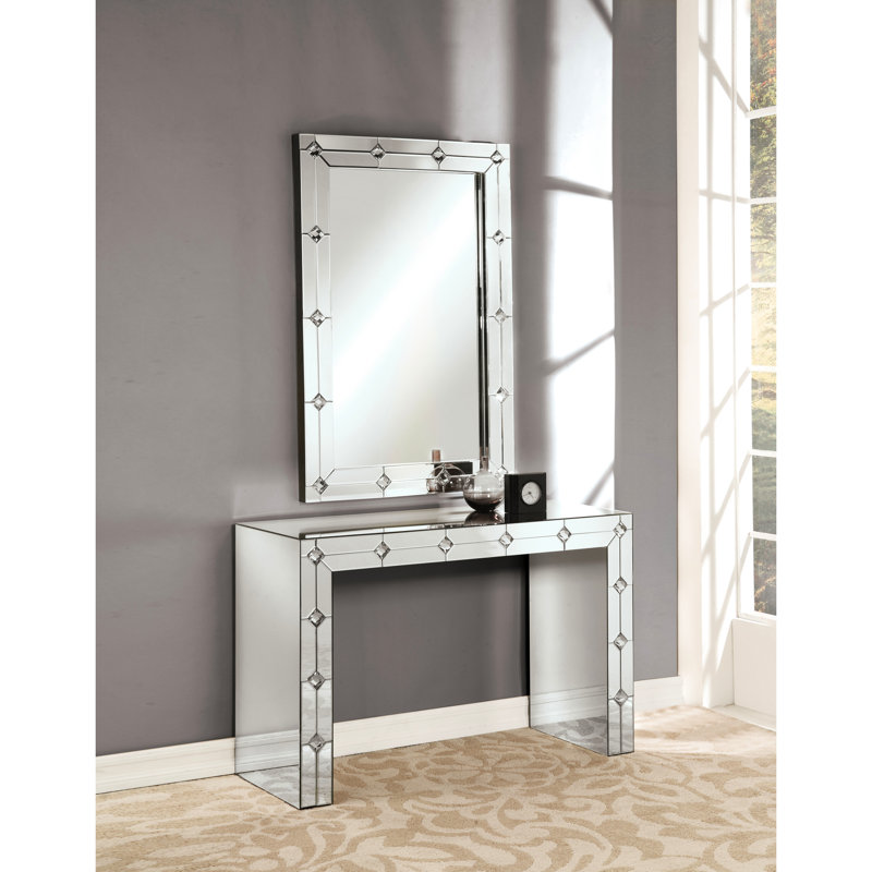 Console rectangulaire argentée en faux strass avec miroir, 47 pouces de largeur, 32 de hauteur, 16 de profondeur