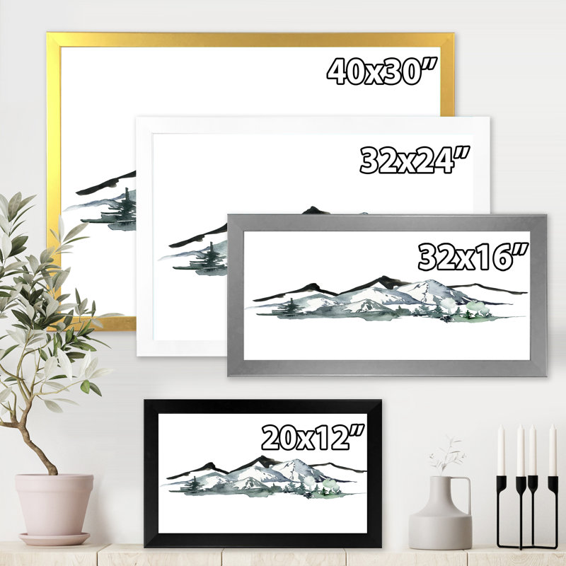 «Minimalistic Winter Mountains and Fir Forest I», peinture sur toile à cadre flottant, Toile avec cadre argenté