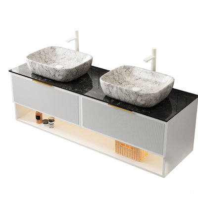 Meuble-lavabo blanc de 60 po avec vasques en marbre, surface en pierre frittée noire, 2 tiroirs, tablette, éclairage à détection automatique, contreplaqué, système de tiroir à fermeture en douceur, motif d'assemblage sans effort