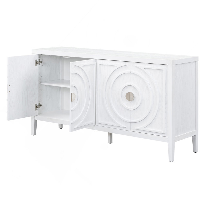 Sideboard Retro Door With Circular Groove Design Round Metal Door Handle For Entrance, Dining Room, Living Room, White