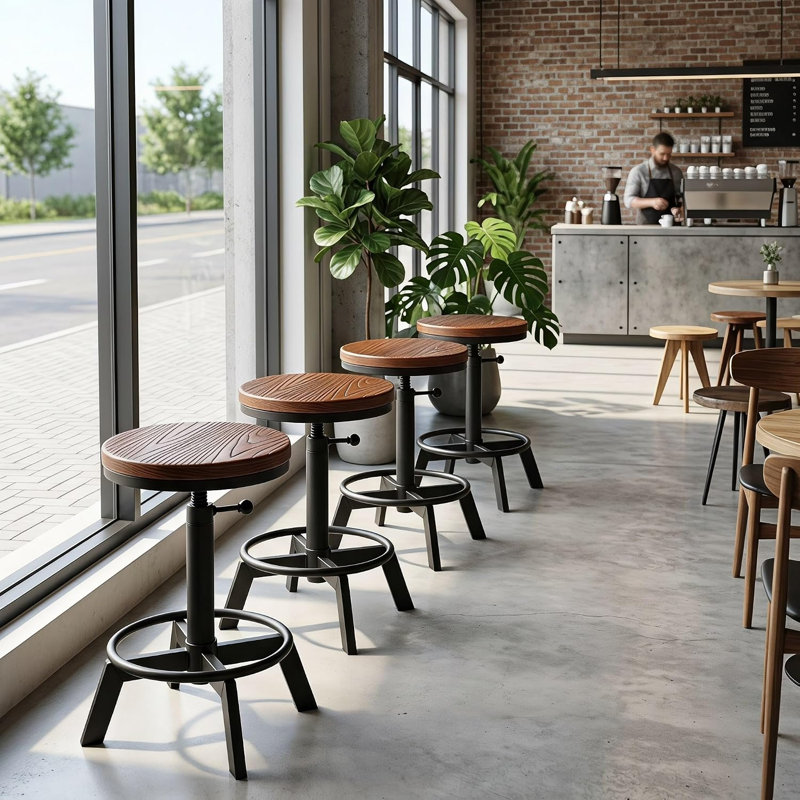 Ensemble de 2 tabourets de bar industriels à hauteur réglable, tabourets pivotants ronds en bois massif avec base en fer noir mat, tabourets de comptoir à hauteur réglable en spirale pour îlot de cuisine, bar et loft