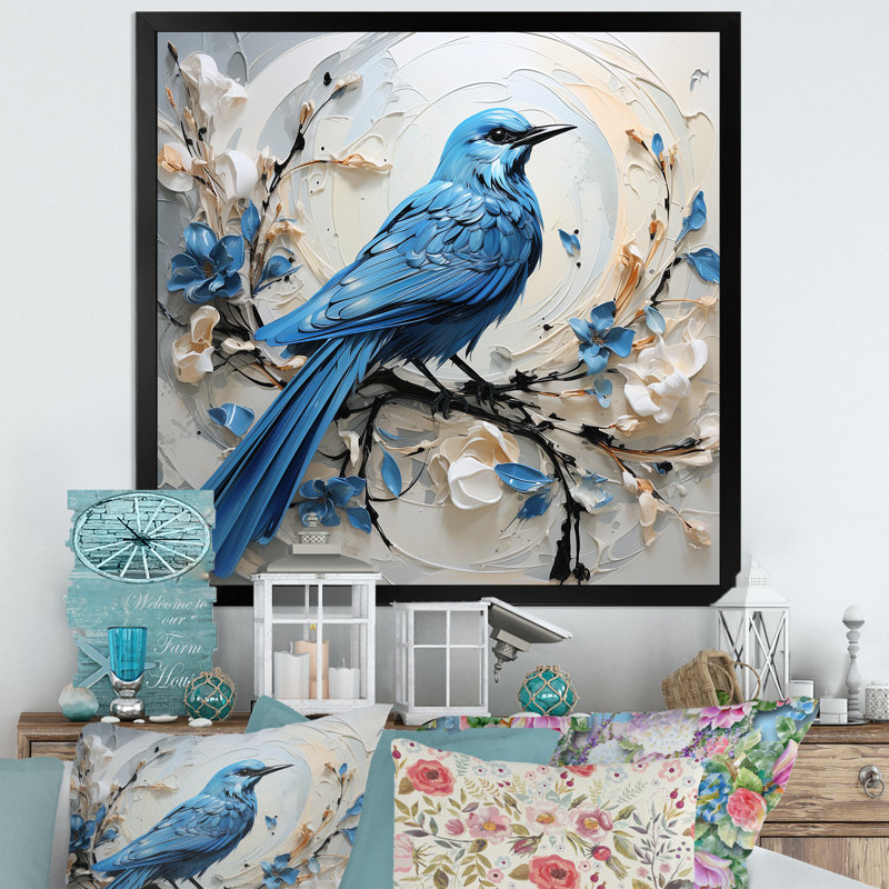 Oiseau bleu minimalisme blanc et fleurs bleues, reproduction sur toile, H 36 po x l 36 po x P 1,5 po, Noir