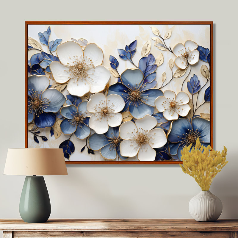 Minimalisme bleu et or - Violettes, art mural de salon, H 24 po x l 32 po x P 1 po, Brown Floater Framed