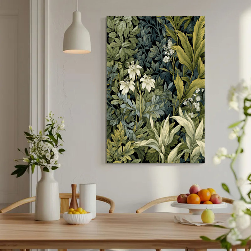 Illustration botanique: fleurs blanches et feuilles vertes, style détaillé d'art botanique. Art mural encadré en toile - Cadre en bois massif de 24 po x 36 po et 1 po d'épaisseur pour le salon ou la chambre à coucher