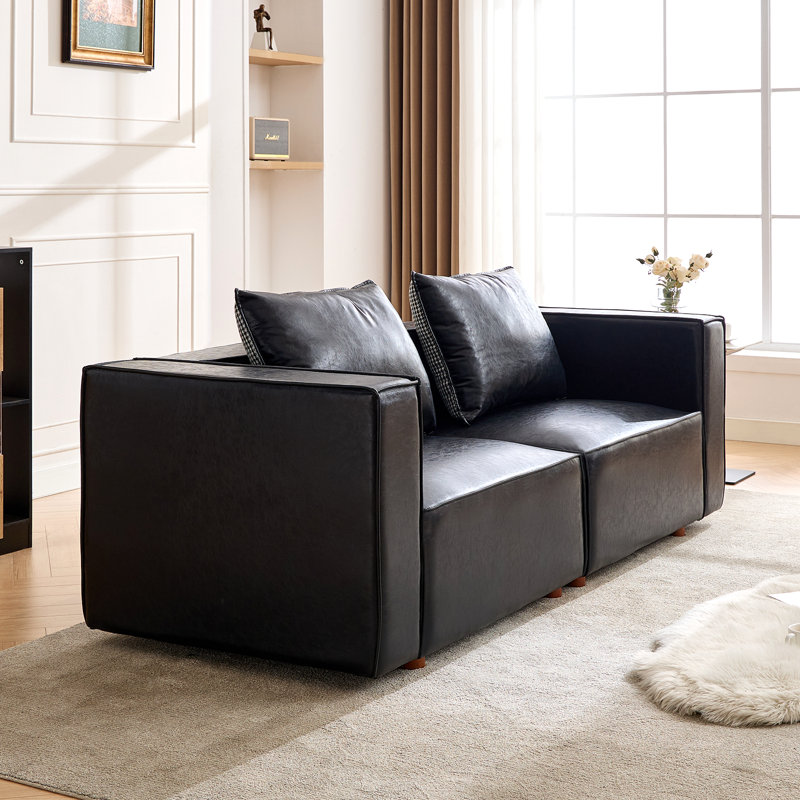 84.25” Leather Upholstered Oversized Seating Sofa With Reversible Cushions, Black