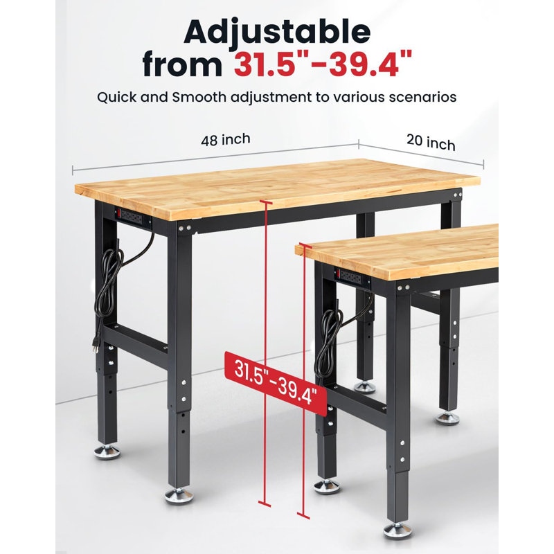 Farreli Solid Wood Top Height-Adjustable Workbench with Power Outlets, 39.40" H x 48" W x 20" D