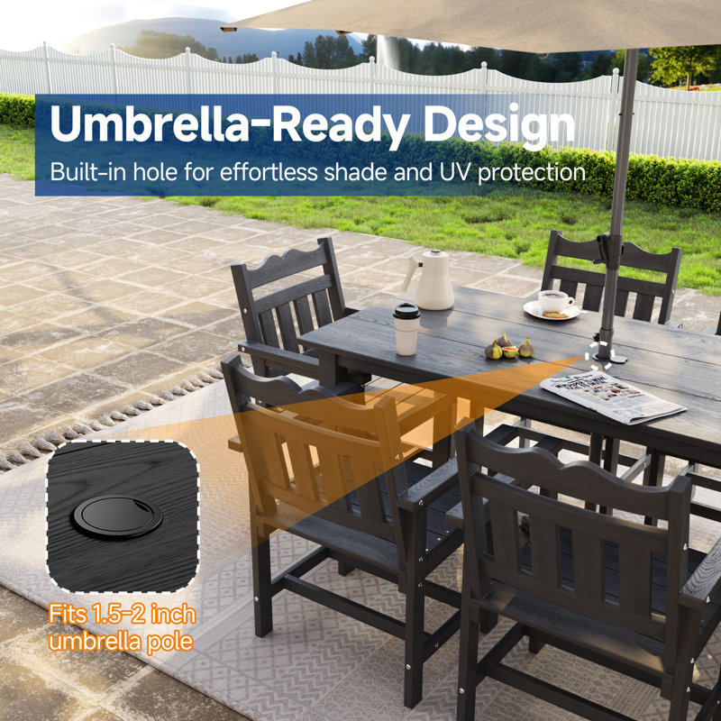  7 PCS Outdoor Dining Set with Umbrella Hole, HIPS All Weather Patio Table and 6 Chairs, Ergonomic Seats for Patio, Yard, Poolside