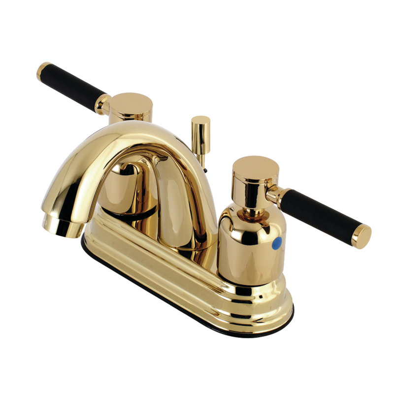 Kingston Brass Kaiser Two-Handle 3-Hole Deck Mount 4" Centerset Bathroom Faucet with Plastic Pop-Up, Polished Brass