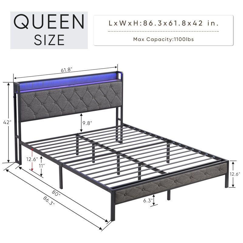 Mesum Fabric Upholstered Frame with LED Lights, Queen