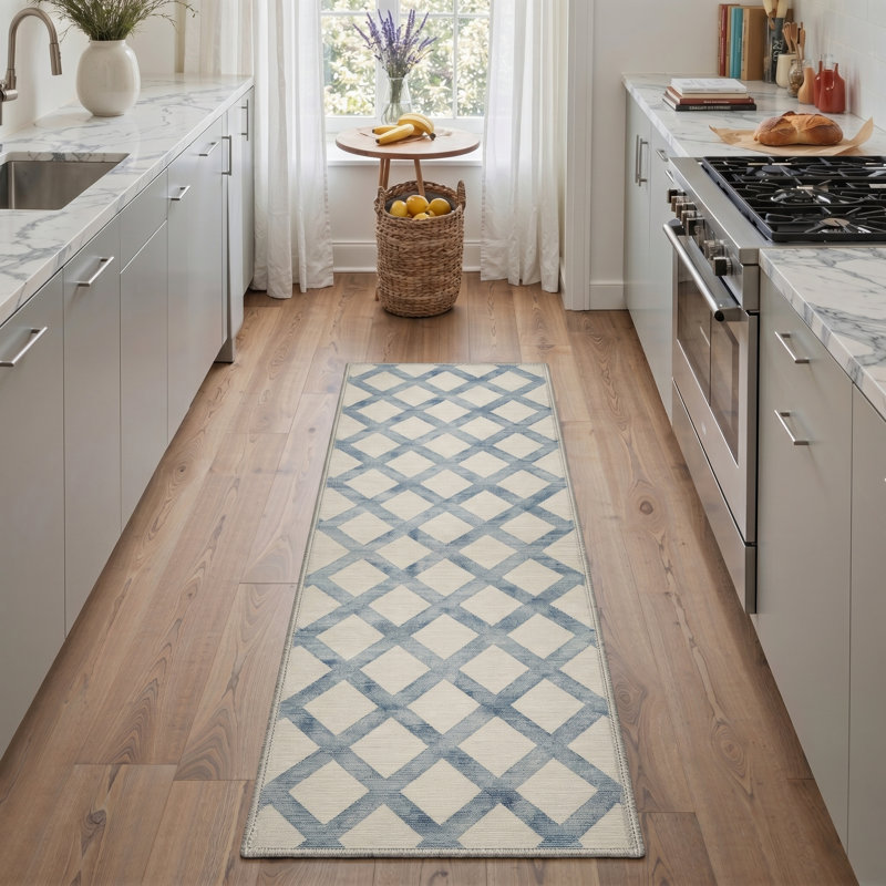 Lattice Geometric Machine Washable Beige / Blue Indoor Area Rug with Non-Slip Backing, Runner 72 " x 24 "