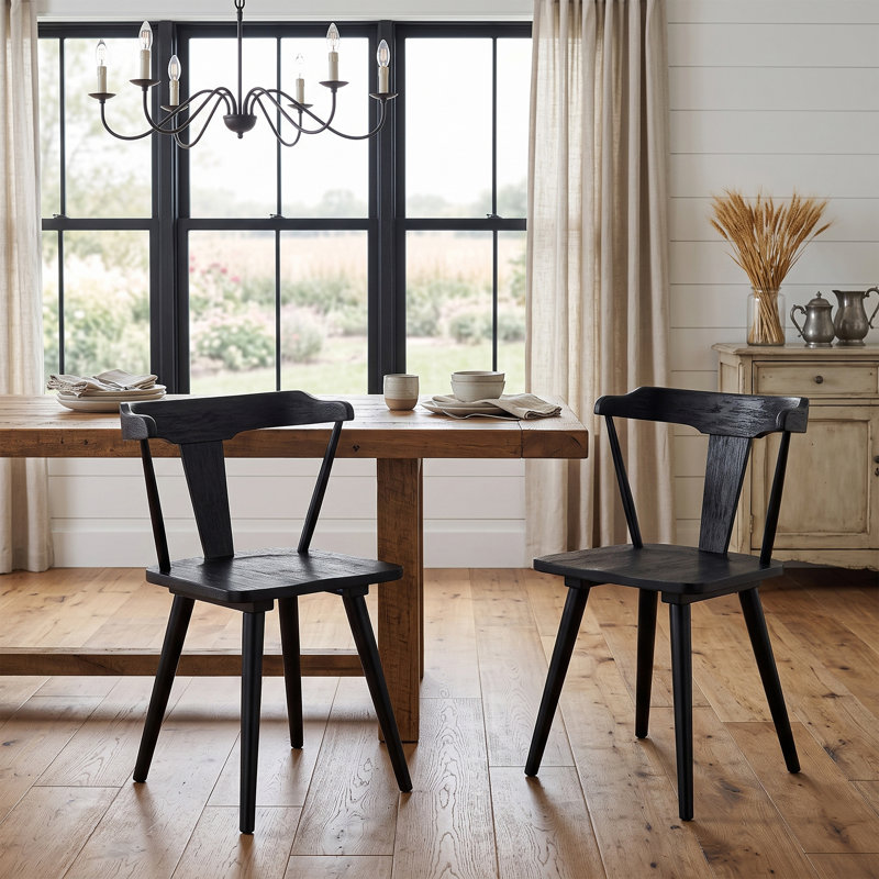 Black Solid Wood Dining Arm Chairs With Curved Back