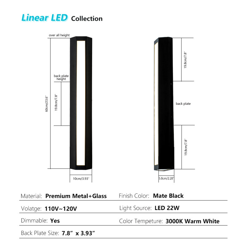 23.6" Modern Led Outdoor Wall Lights, 3000K Warm White, 1 Pack, 3000 Kelvins